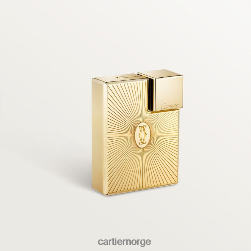 tilbehør Cartier double c logo firkantet lighter med solstrålemotiv i gul-gull finish stilig F4466N1511